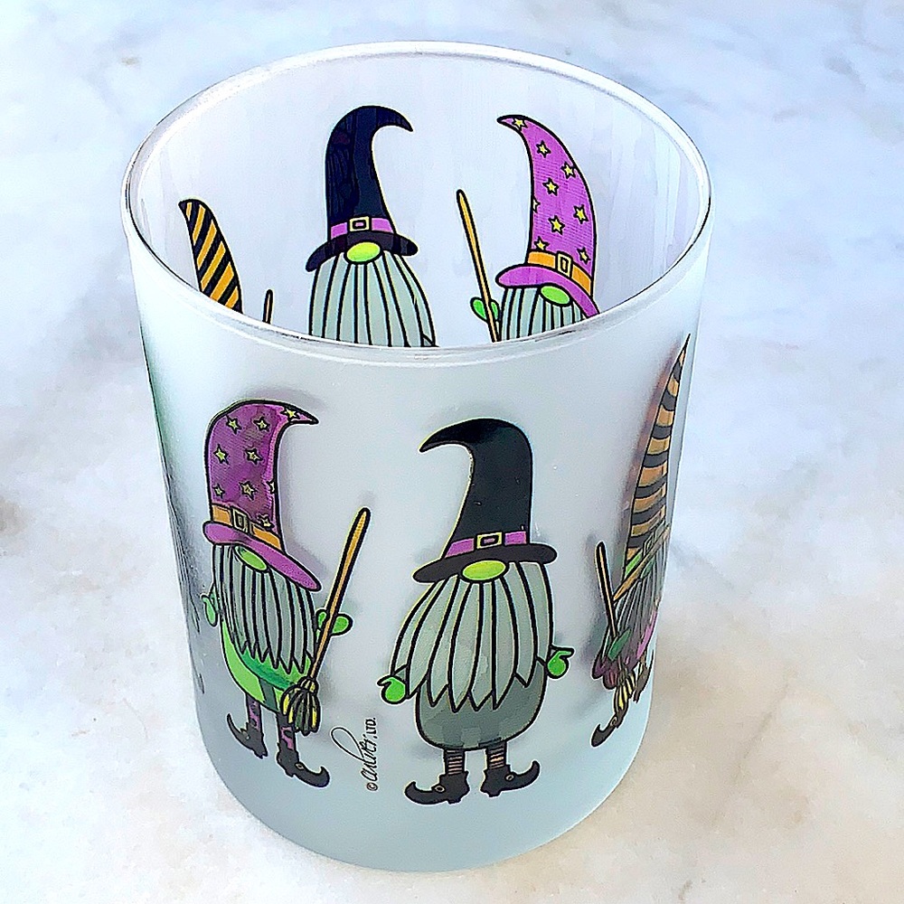 CULVER LTD GLASS HALLOWEEN GNOME WITCH WARLOCKS 14oz DOUBLE OLD FASHION